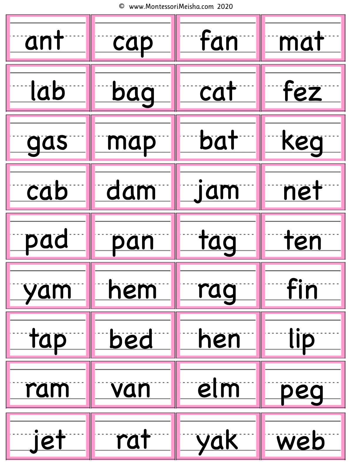 montessori pink series moveable alphabet 3 letter word cards montessori pink series moveable alphabet 3 letter word cards