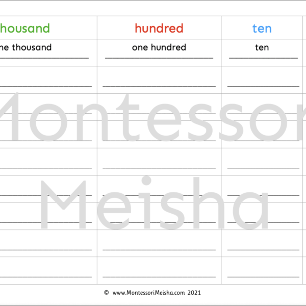 Montessori Place Value Worksheet